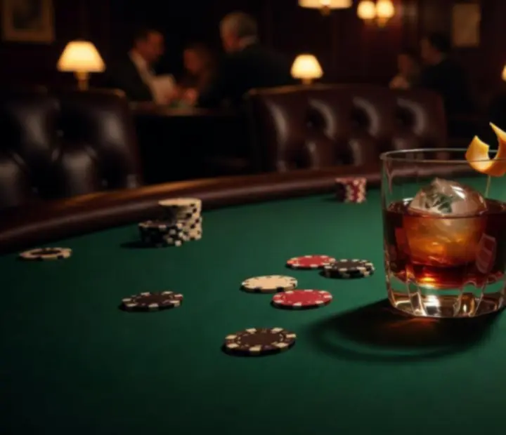 Cocktail raffiné posé près d’un tapis de poker avec jetons et cartes dans une ambiance tamisée.