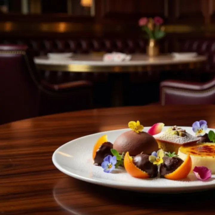 Desserts signatures d’Orenville avec orangettes et dressage contemporain sur table sombre.