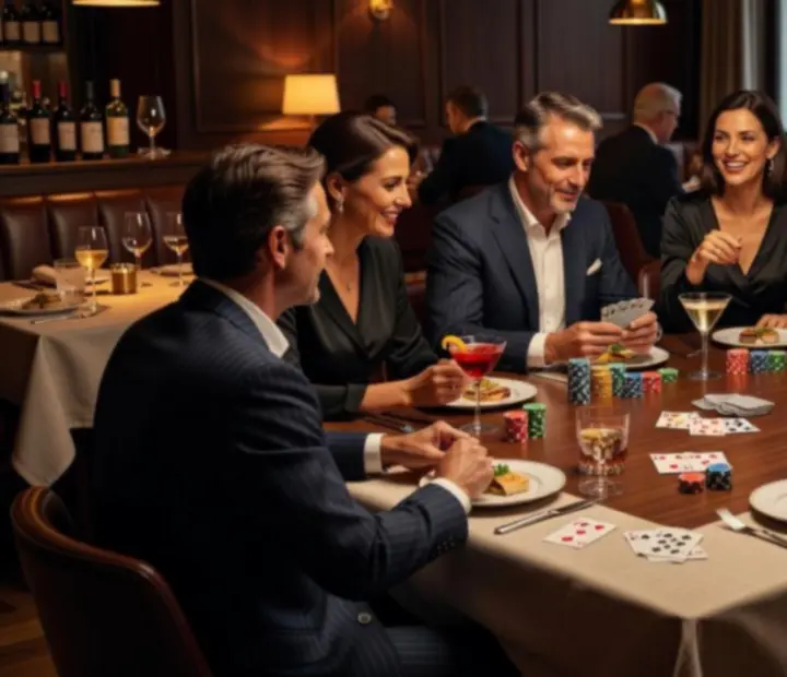 Vue d'ensemble d'une table de poker entourée de convives en plein dîner