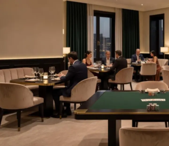 Salle de restaurant élégante avec tables de poker préparées pour une soirée conviviale