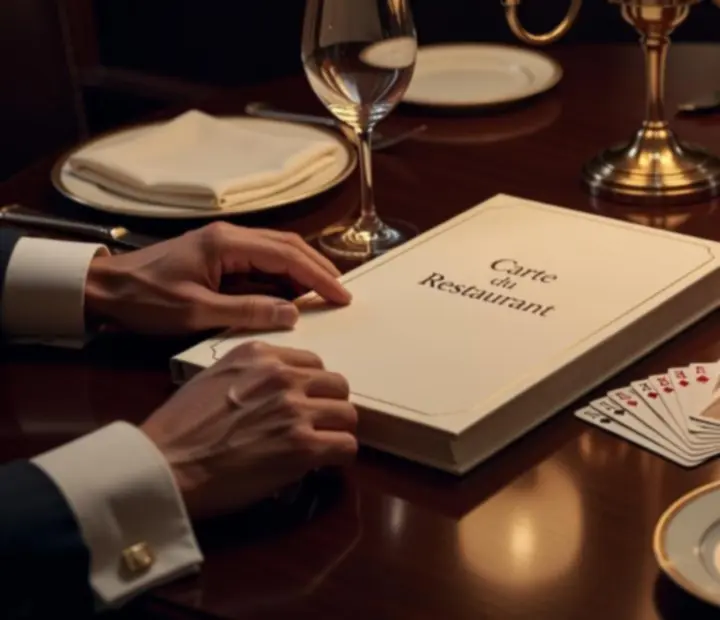 Table d’Orenville dressée pour le dîner, avec vue sur un espace de poker en présentiel et un salon de cartes chaleureux.