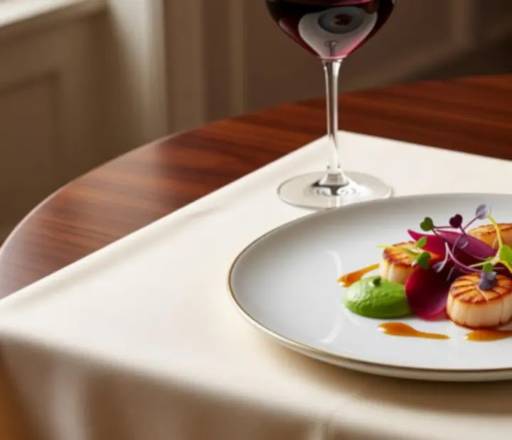 Plat signature contemporain dressé avec élégance au restaurant Orenville