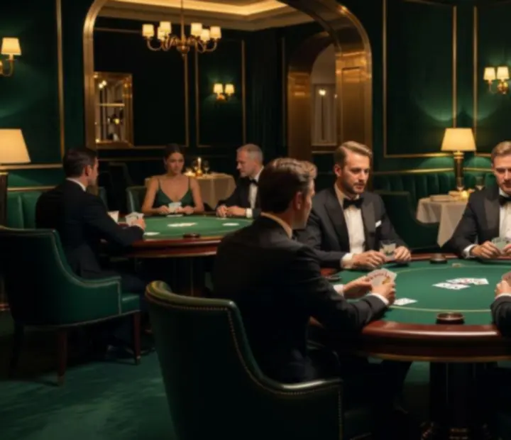 Salon de cartes élégant avec tables de poker et ambiance feutrée