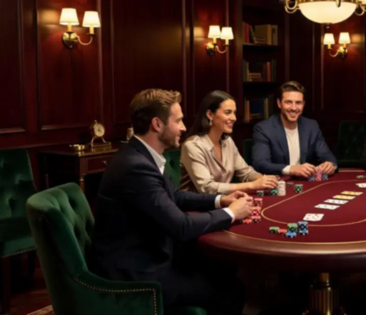 Soirée poker privée autour de tables de poker en bois sombre