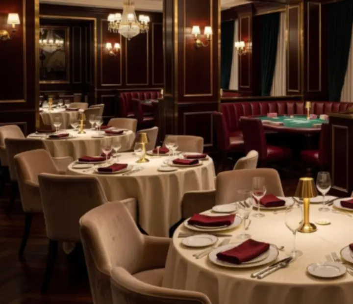 Vue d'ensemble d'une soirée privatisée chez Orenville mêlant restaurant élégant et tables de poker en présentiel