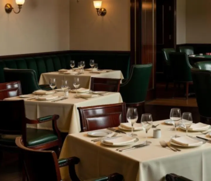 Table dressée au restaurant Orenville avec, à l’arrière-plan, un espace de poker en présentiel.
