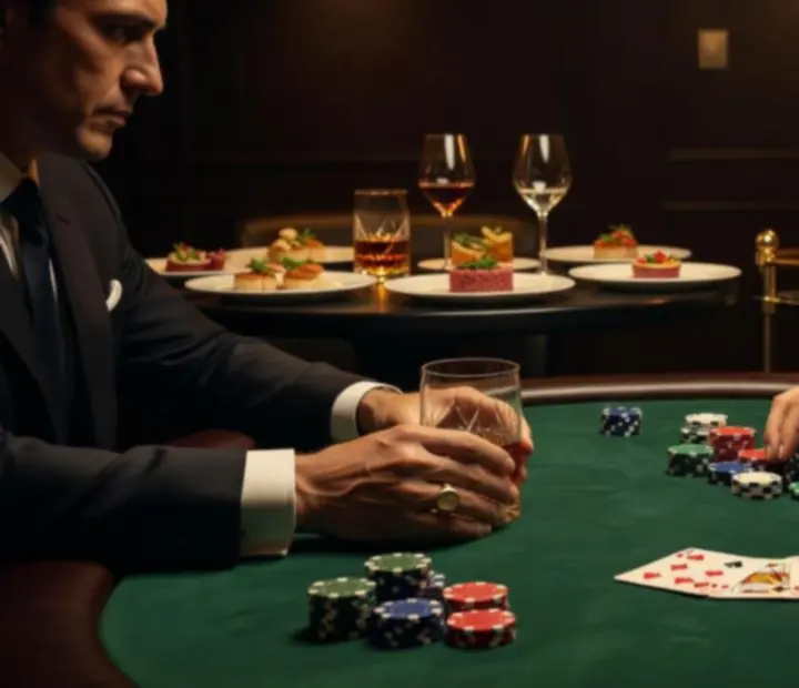 Tables de poker en soirée avec jetons, cartes et lumière tamisée dans le salon de cartes Orenville.