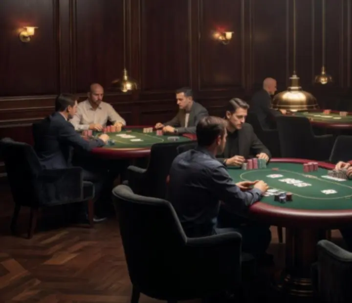 Salle de poker Orenville avec tables de jeu élégantes et éclairage chaleureux