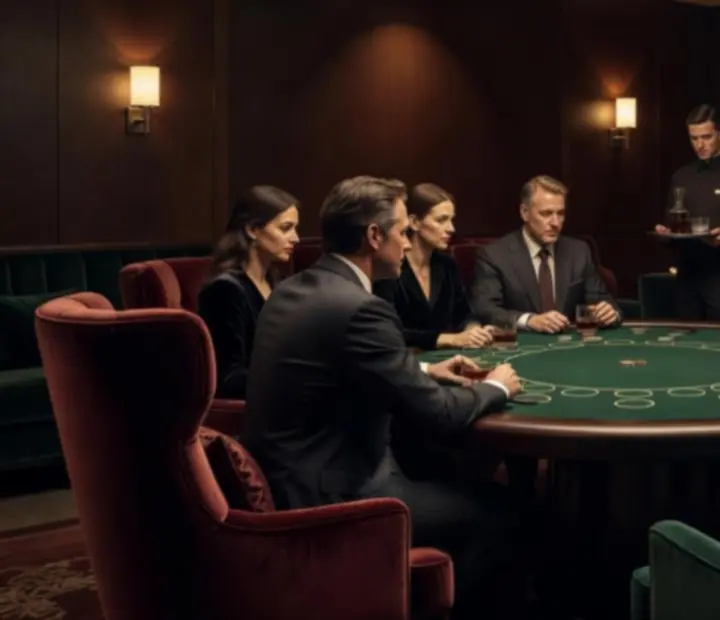 Salon de cartes feutré avec tables de poker et fauteuils confortables
