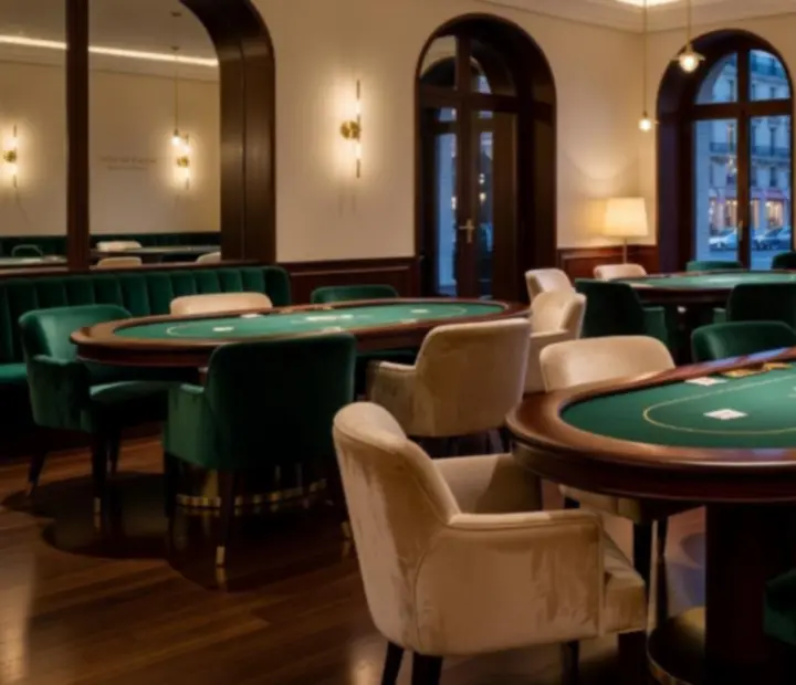 Vue panoramique du salon de cartes Orenville avec tables de poker et fauteuils confortables