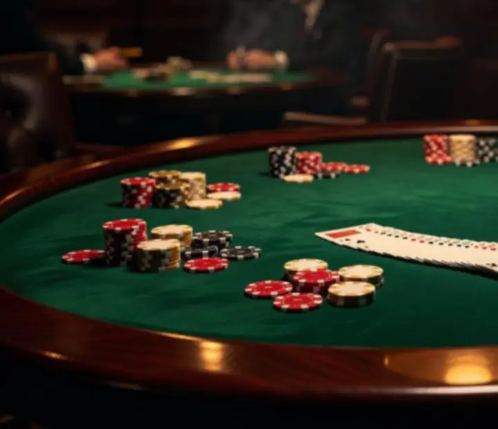 Détail d’une table de poker avec feutre luxueux et jetons de jeu Orenville